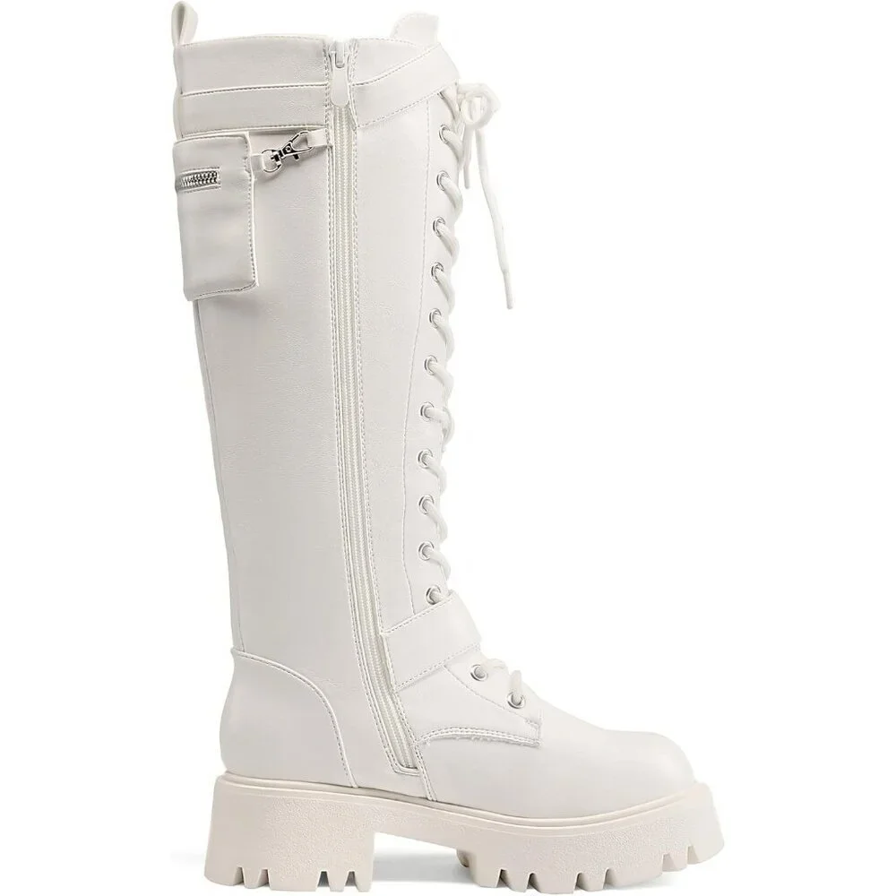 Women's Leather White Combat Platform Knee High Lace Up Boots Motorcycle Boots - Picture 4 of 9